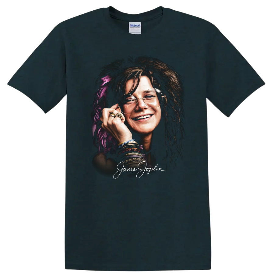 Janis Joplin psychedelic soul portrait graphic print on a Midnight (Green) T Shirt