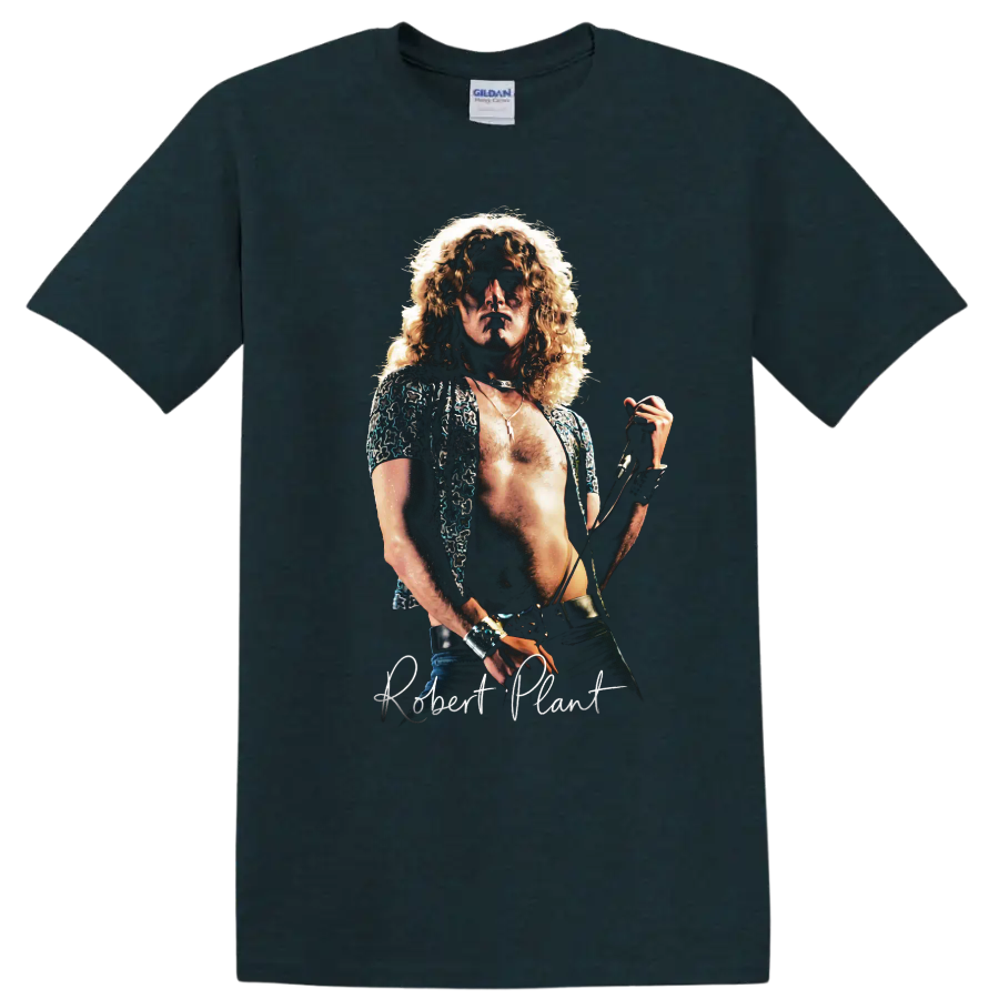 Robert Plant Led Zeppelin vintage rock singer portrait on a Midnight (Green) T Shirt
