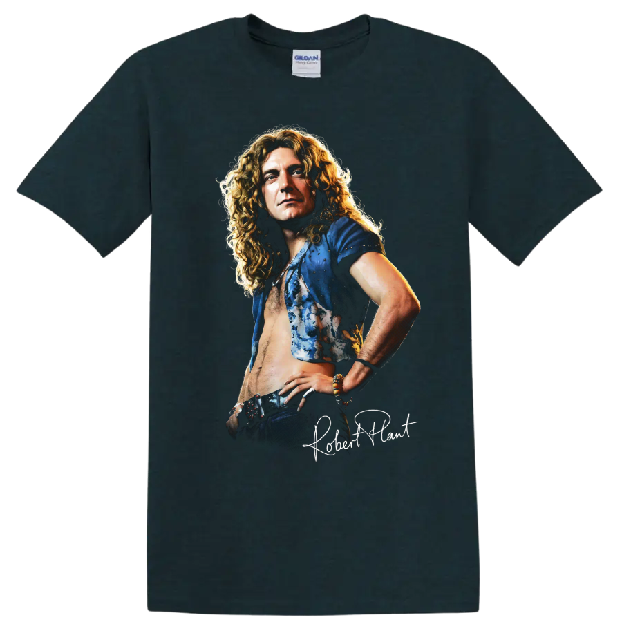 Robert Plant Led Zeppelin rock music portrait graphic print on a Midnight (Green) T Shirt