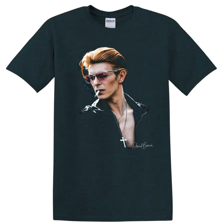 David Bowie Thin White Duke portrait in a moody glam rock style on a Midnight (Green) T Shirt
