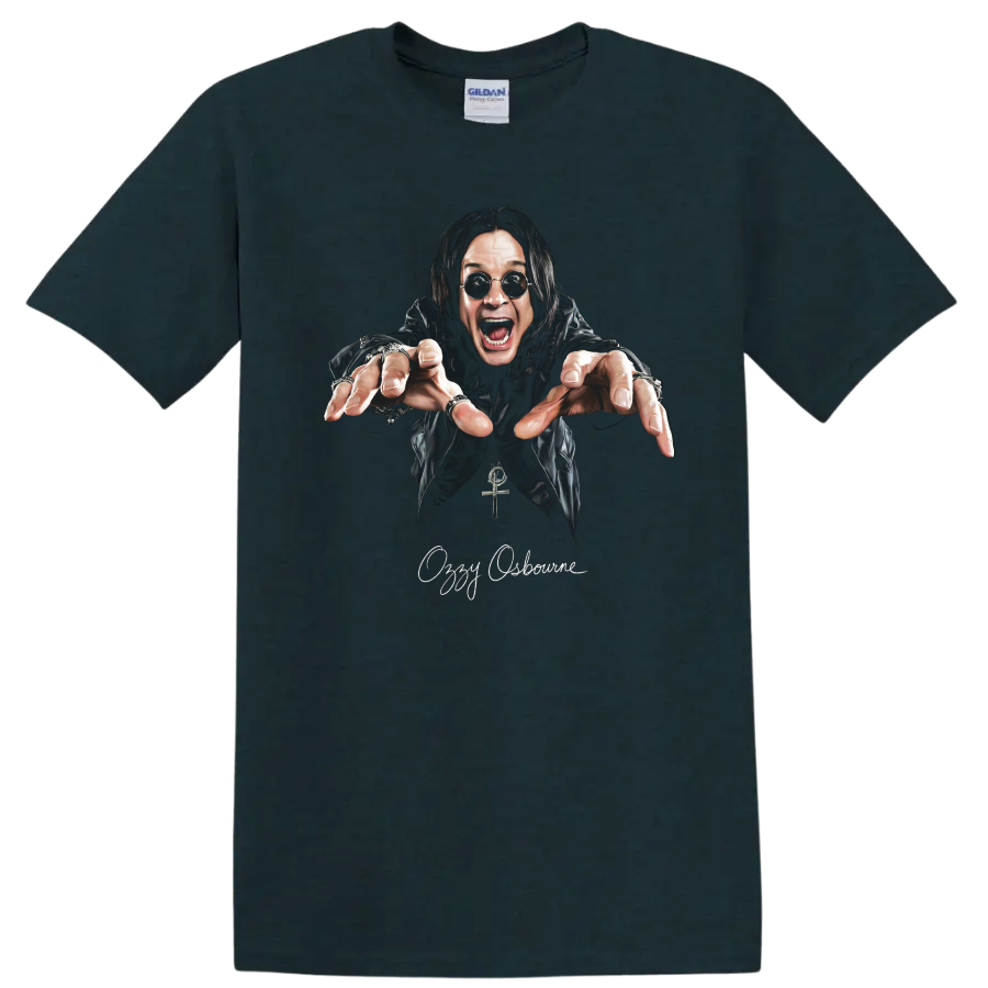 Ozzy Osbourne heavy metal portrait graphic with dramatic reaching pose on a Midnight (Green) T Shirt