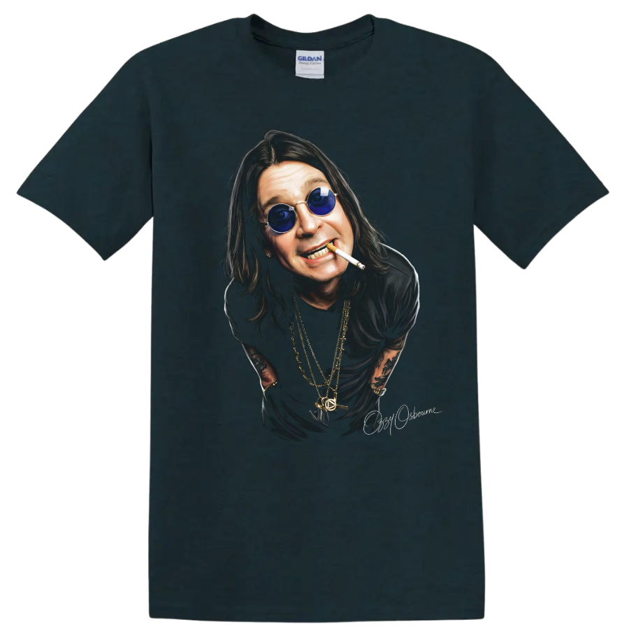 Ozzy Osbourne Black Sabbath heavy metal portrait graphic with blue glasses on a Midnight (Green) T Shirt