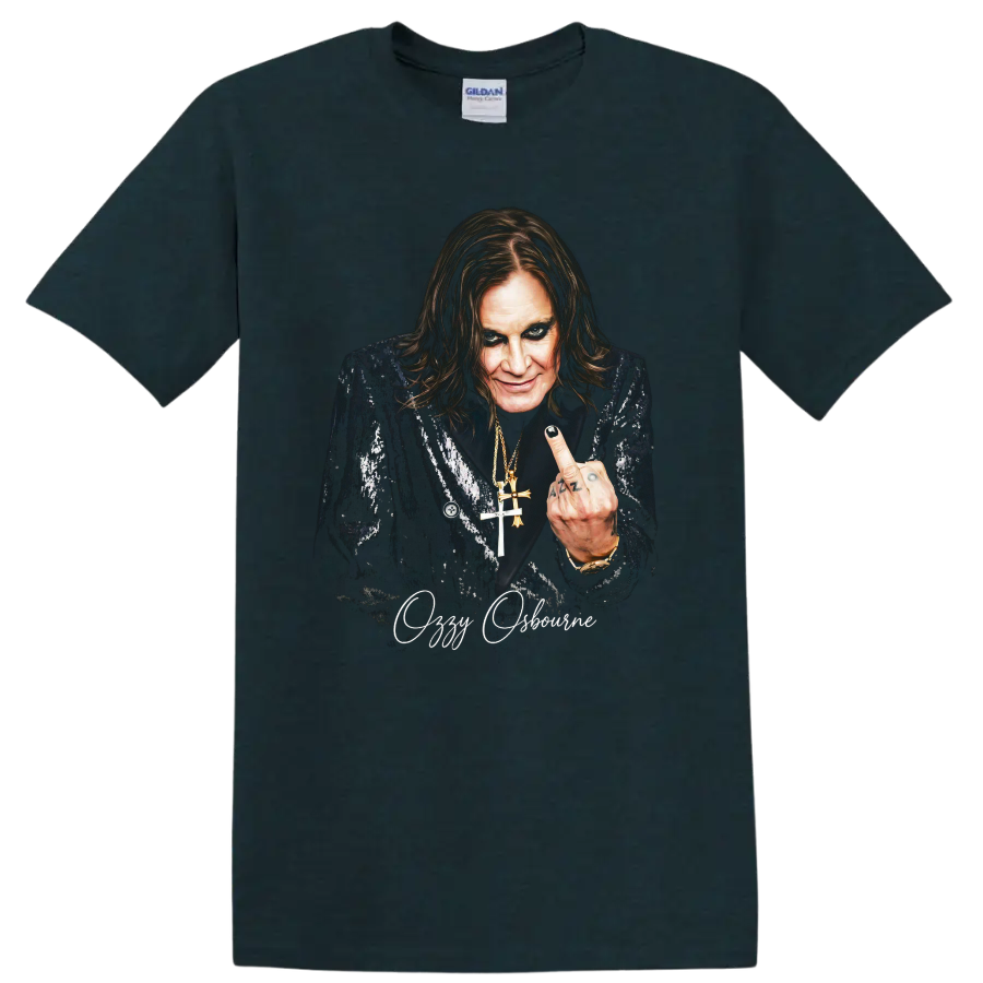 Ozzy Osbourne portrait in a dark heavy metal graphic with script text on a Midnight (Green) T Shirt