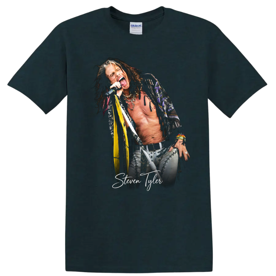 Steven Tyler Aerosmith rock singer portrait with signature graphic on a Midnight (Green) T Shirt