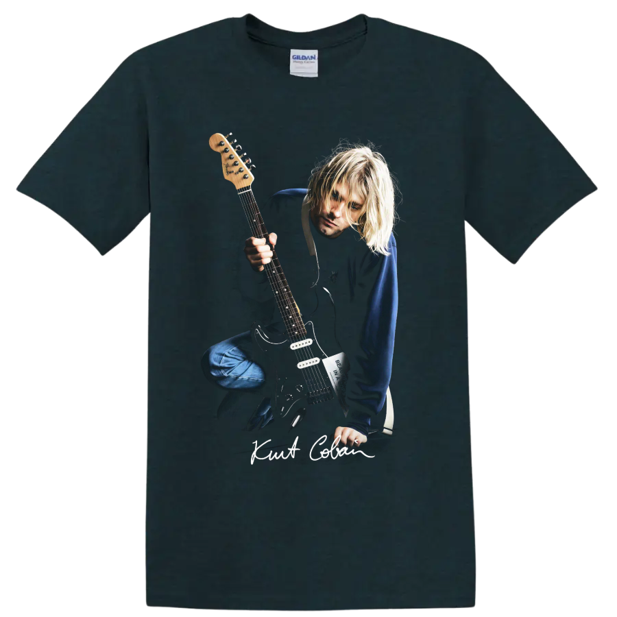Kurt Cobain grunge portrait holding an electric guitar on a Midnight (Green) T Shirt