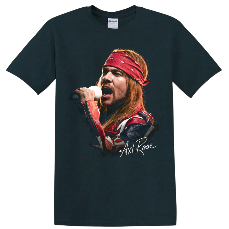 Axl Rose Guns N' Roses hard rock vocalist portrait with signature on a Midnight (Green) T Shirt
