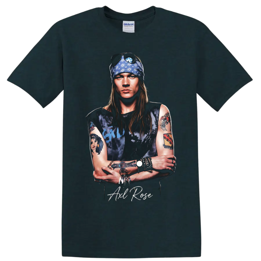 Axl Rose Guns N' Roses pop-art portrait with blue bandana on a Midnight (Green) T Shirt