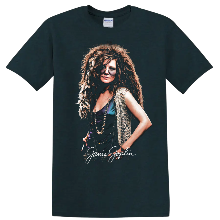 Janis Joplin pop-art rock portrait with handwritten name on a Midnight (Green) T Shirt