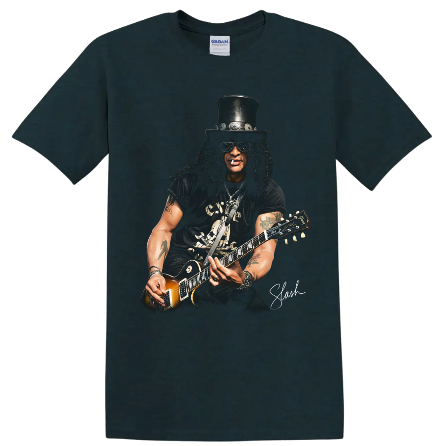Slash Guns N' Roses guitarist portrait with top hat and electric guitar on a Midnight (Green) T Shirt