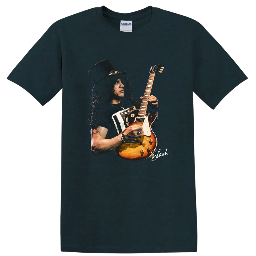 Slash portrait playing a sunburst Gibson Les Paul-style electric guitar on a Midnight (Green) T Shirt