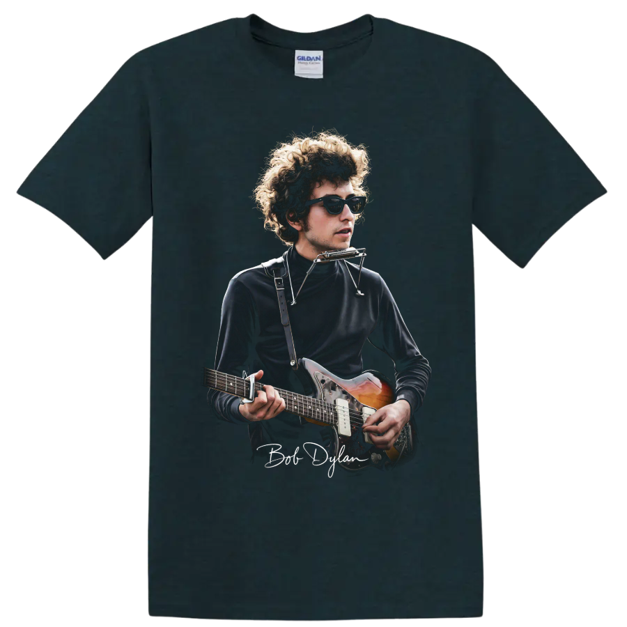 Bob Dylan folk rock portrait with guitar and harmonica on a Midnight (Green) T Shirt