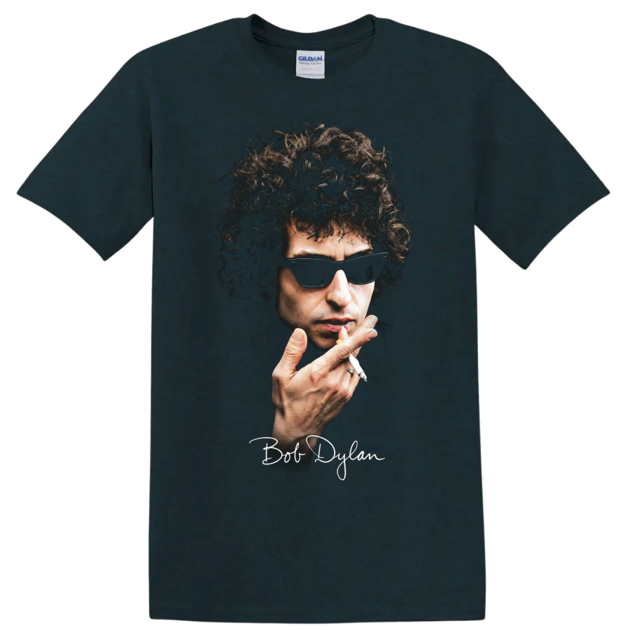 Stylized Bob Dylan portrait with sunglasses and signature on a Midnight (Green) T Shirt