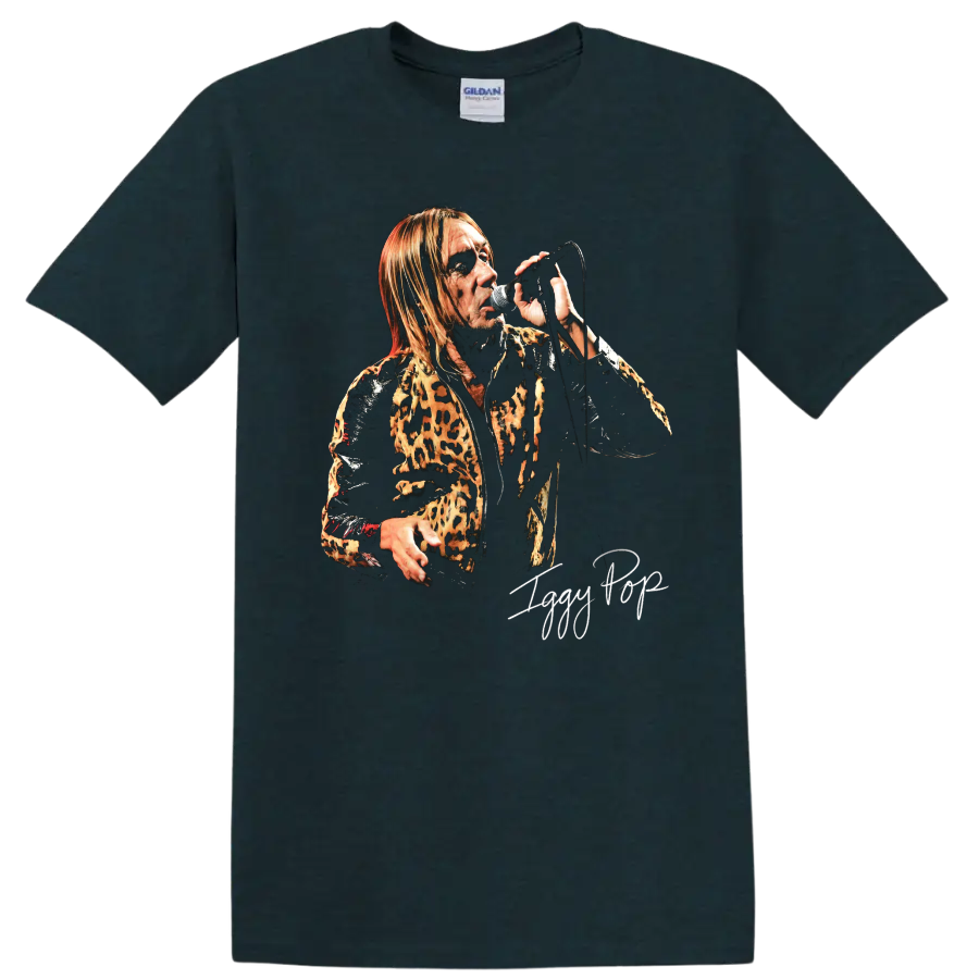 Iggy Pop punk rock portrait performing with a microphone and leopard print jacket on a Midnight (Green) T Shirt