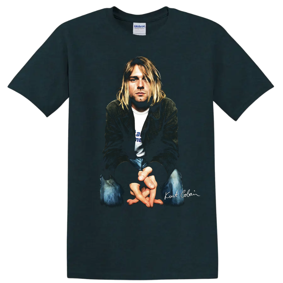 Kurt Cobain Nirvana grunge rock portrait graphic print on a Midnight (Green) T Shirt