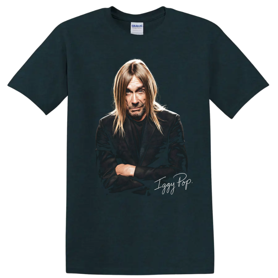 Iggy Pop portrait graphic with The Stooges rock style and signature on a Midnight (Green) T Shirt