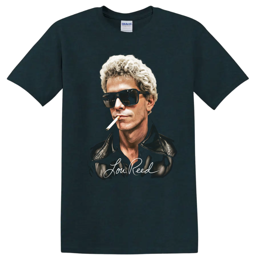 Lou Reed portrait with sunglasses, cigarette, leather jacket, and signature lettering on a Midnight (Green) T Shirt