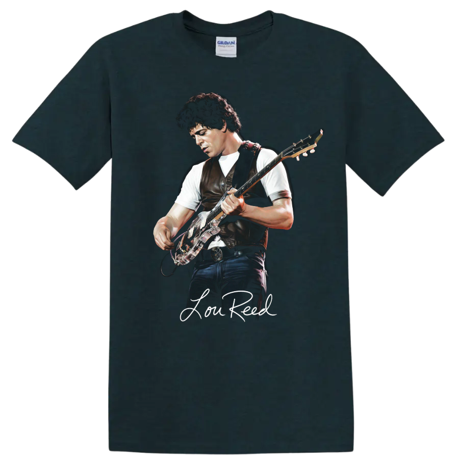 Lou Reed guitar portrait with signature, rock music graphic print on a Midnight (Green) T Shirt