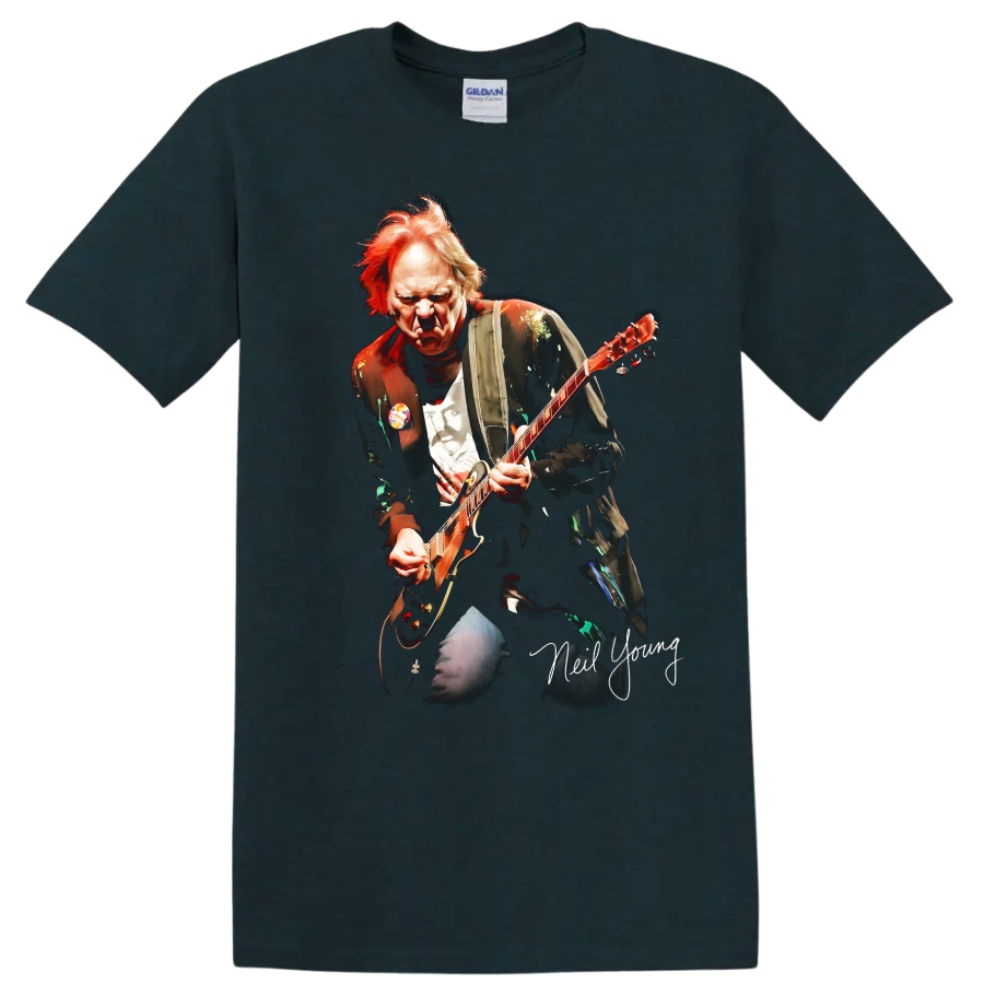 Neil Young playing Old Black Les Paul in a dramatic rock graphic on a Midnight (Green) T Shirt