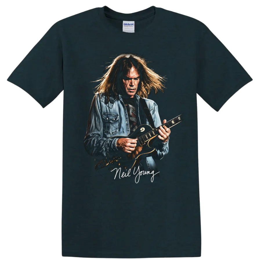 Neil Young vintage-style rock guitar portrait with handwritten name on a Midnight (Green) T Shirt