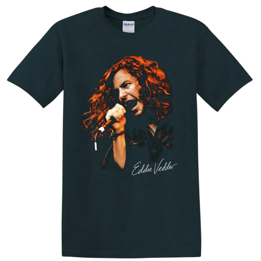 Eddie Vedder grunge rock vocalist portrait graphic on a Midnight (Green) T Shirt
