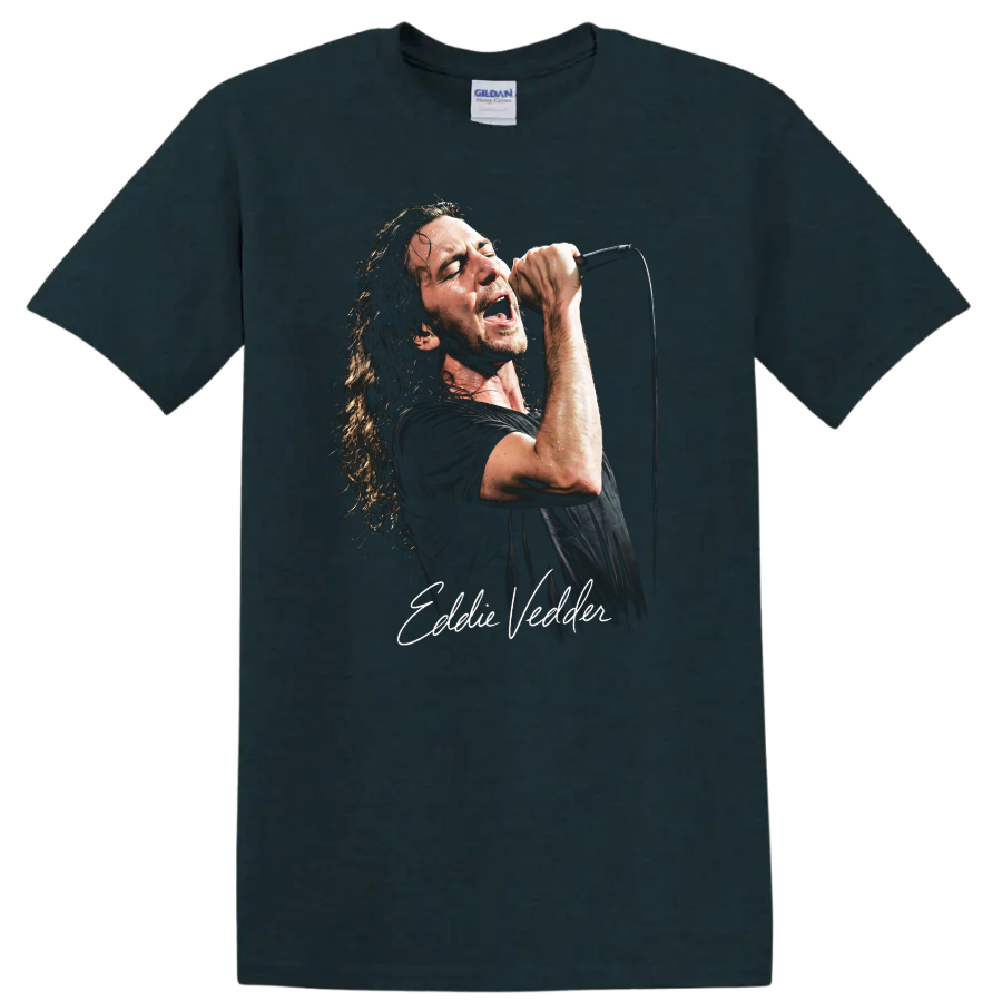 Eddie Vedder singing into a microphone in a distressed grunge portrait on a Midnight (Green) T Shirt