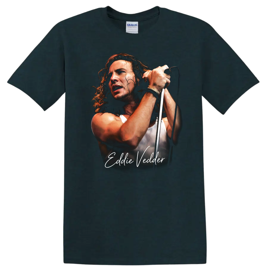 Eddie Vedder Pearl Jam grunge portrait with microphone and script text on a Midnight (Green) T Shirt