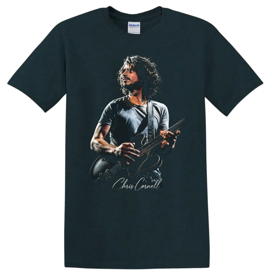 Chris Cornell grunge rock portrait playing electric guitar on a Midnight (Green) T Shirt