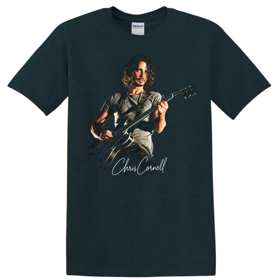 Chris Cornell playing guitar in a dramatic rock portrait with signature on a Midnight (Green) T Shirt