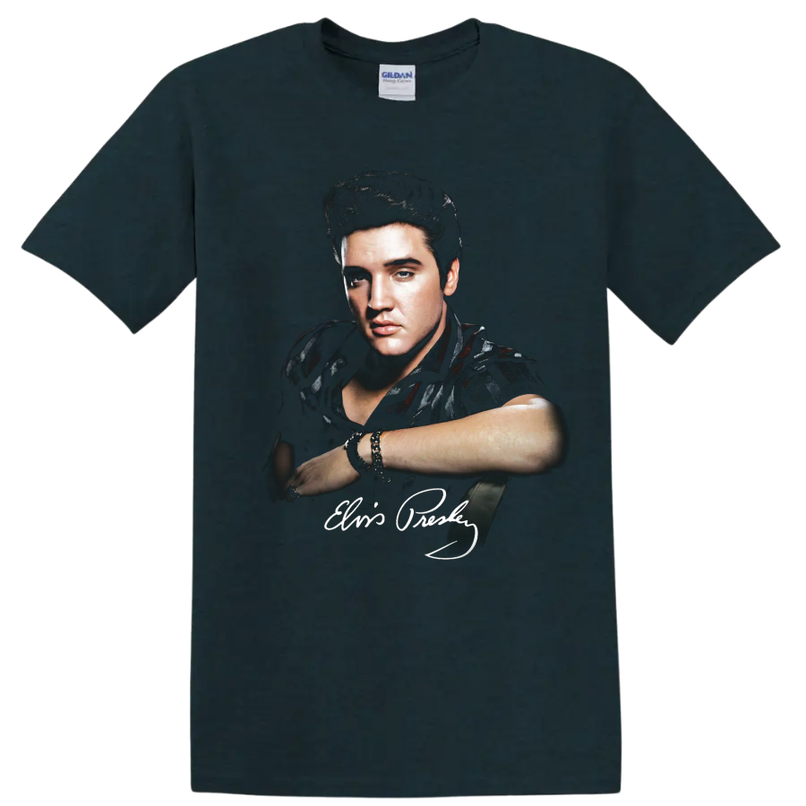 Elvis Presley rock and roll portrait with signature graphic on a Midnight (Green) T Shirt