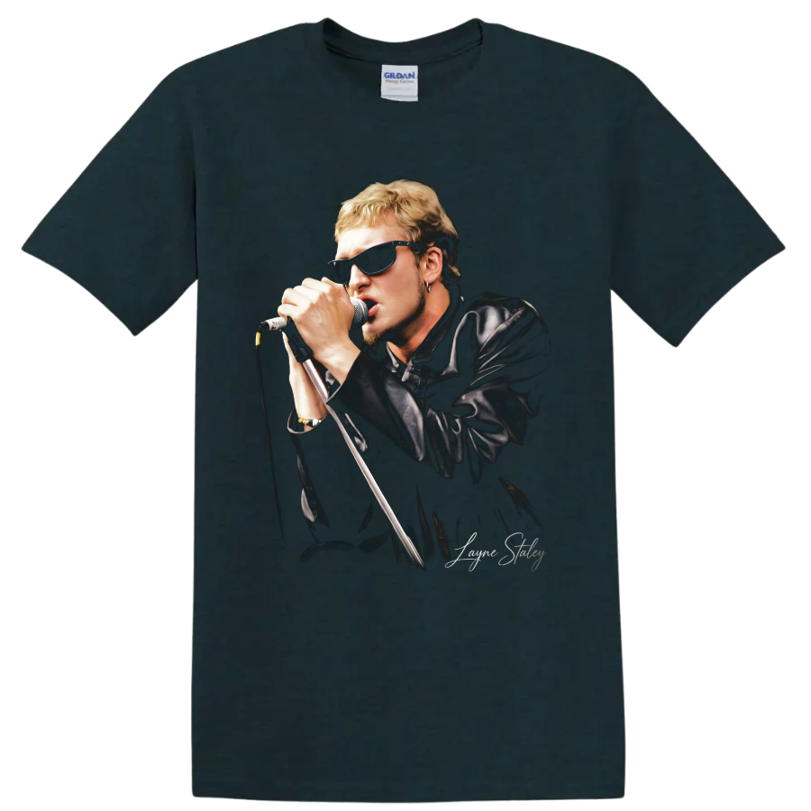 Layne Staley singing into a microphone in a grunge rock portrait on a Midnight (Green) T Shirt