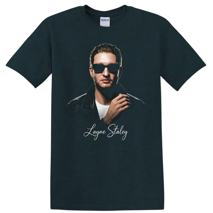 Layne Staley portrait in sunglasses and leather jacket with signature on a Midnight (Green) T Shirt