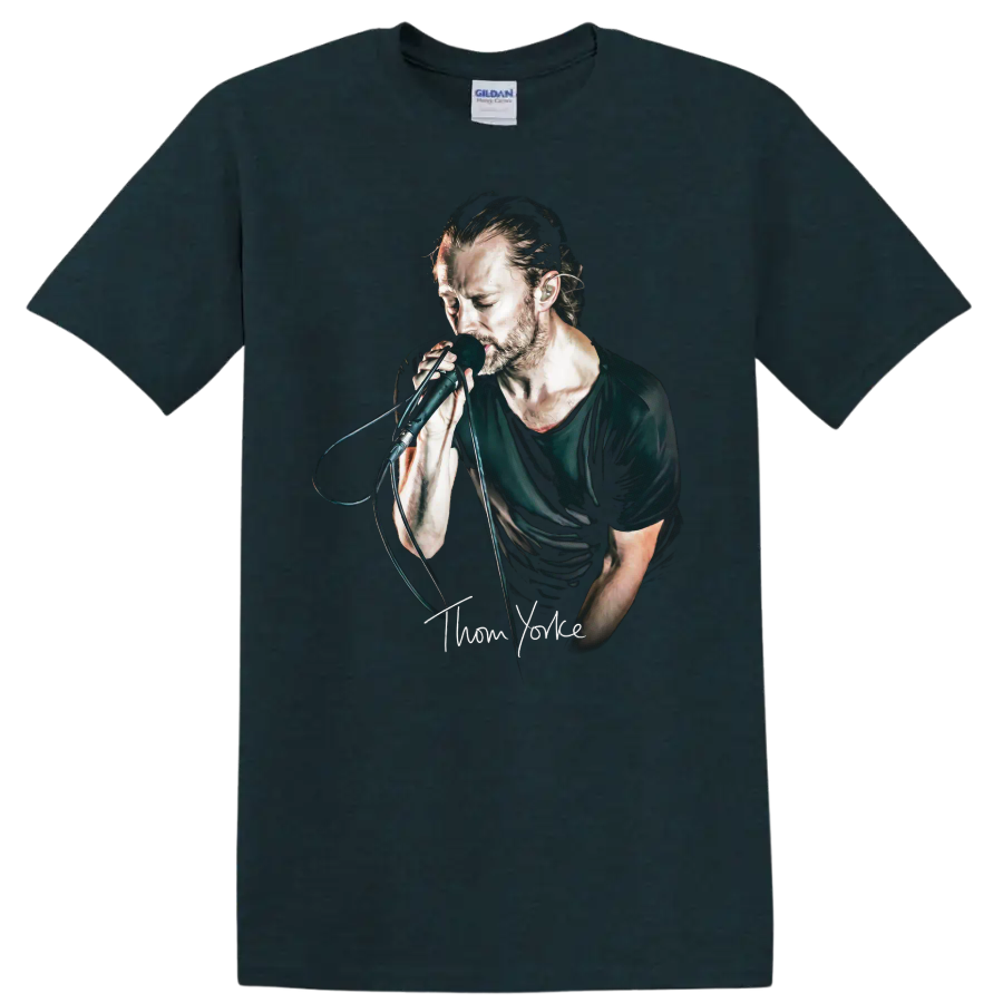Thom Yorke portrait singing into a microphone in a dark graphic style on a Midnight (Green) T Shirt