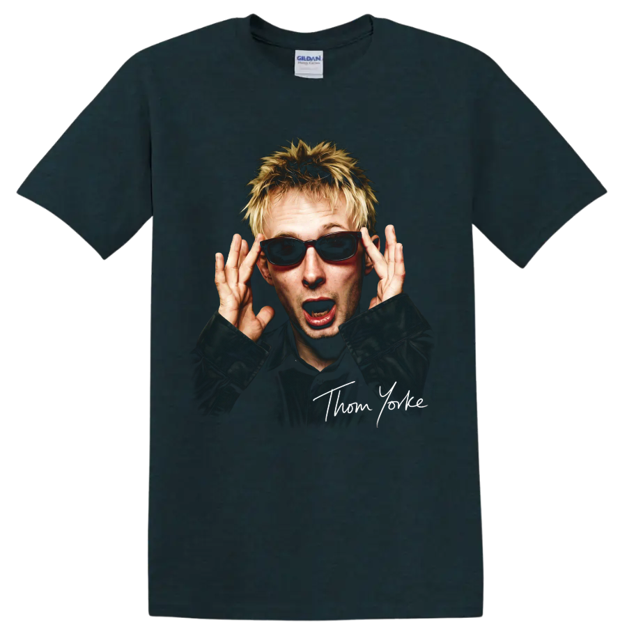 Thom Yorke portrait in sunglasses with handwritten-style name on a Midnight (Green) T Shirt