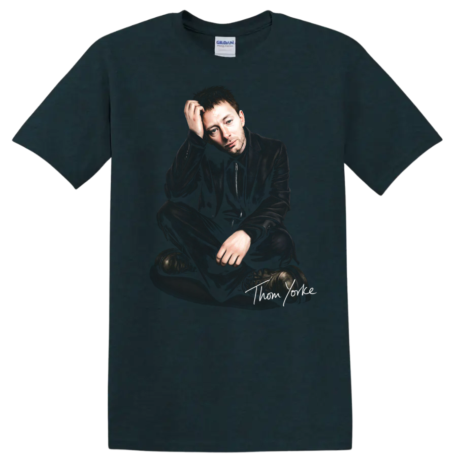 Thom Yorke seated portrait with handwritten signature, dark alternative rock style on a Midnight (Green) T Shirt