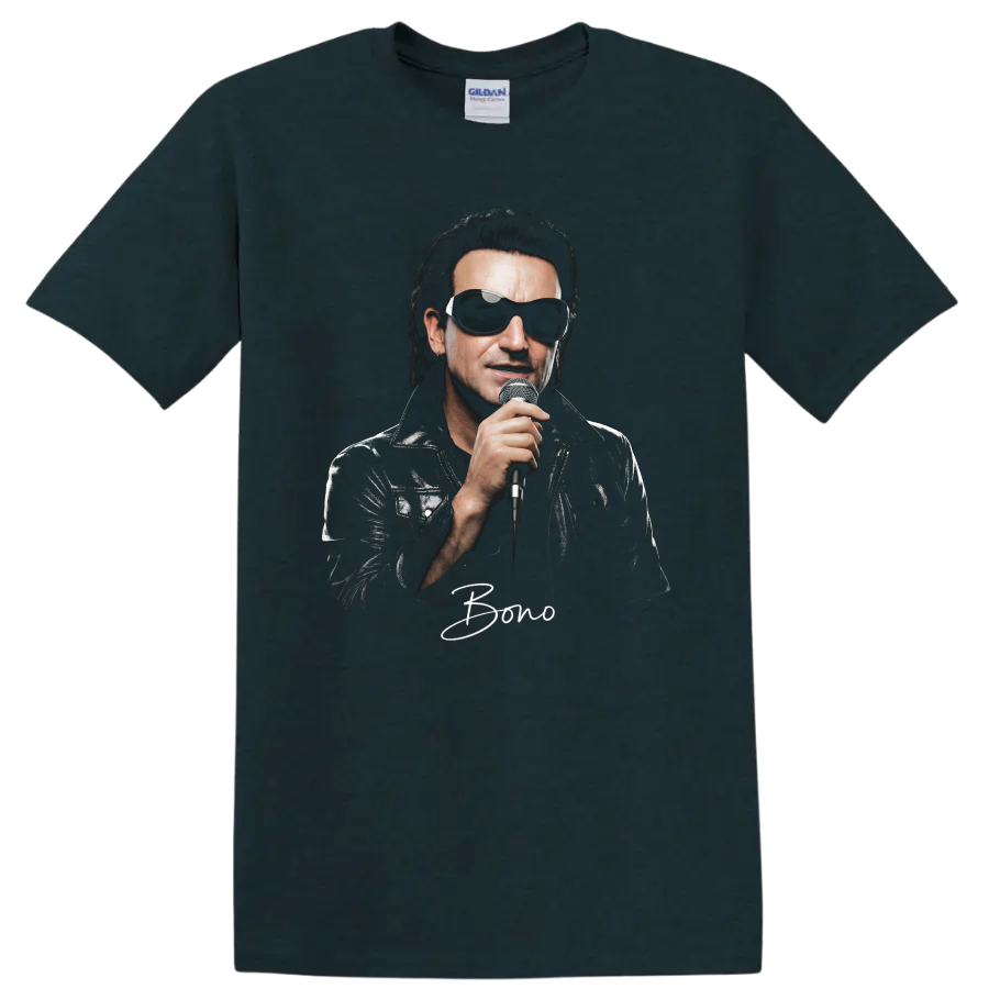 Bono of U2 holding a microphone in a high-contrast rock portrait on a Midnight (Green) T Shirt