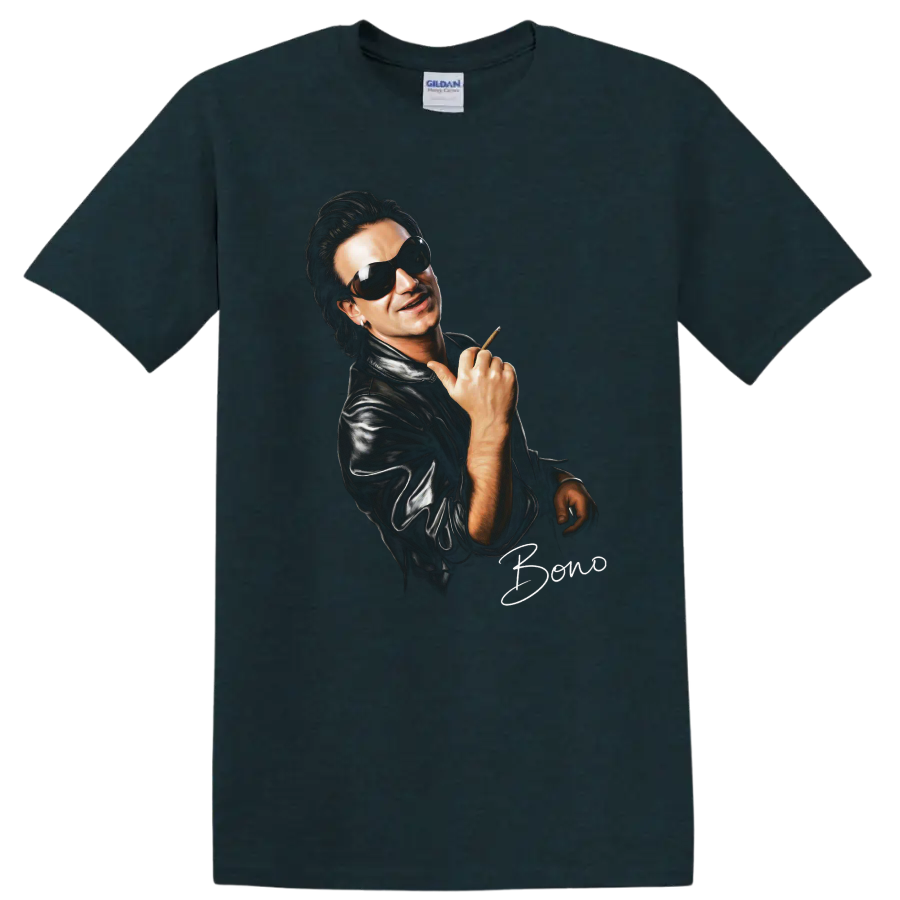 Bono U2 rock portrait wearing sunglasses and a leather jacket on a Midnight (Green) T Shirt