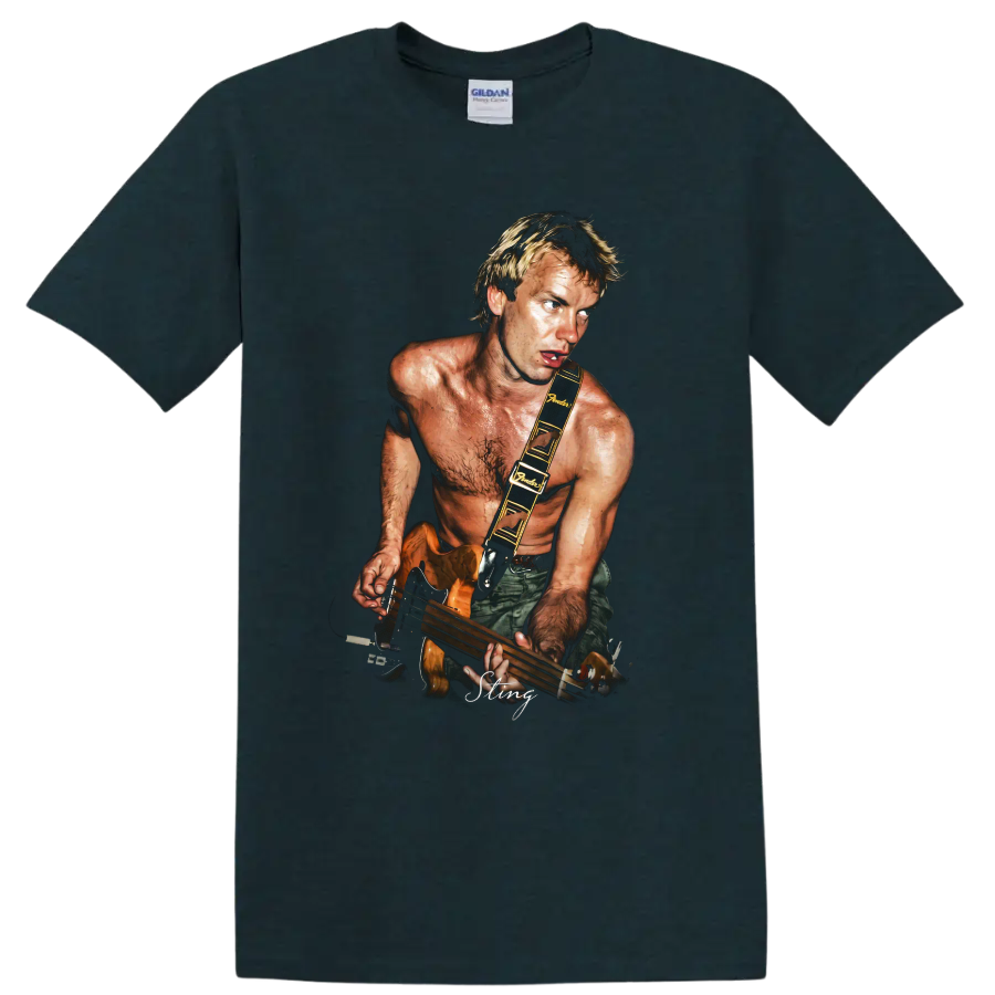 Sting playing a bass guitar in a dramatic rock music portrait on a Midnight (Green) T Shirt