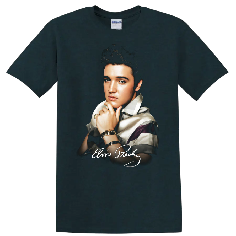 Elvis Presley pop art portrait with vintage rock and roll style on a Midnight (Green) T Shirt