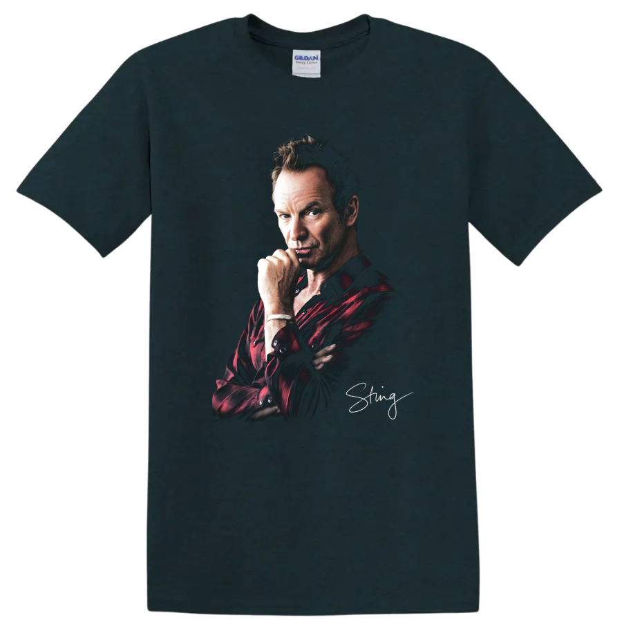 Sting portrait in red plaid shirt with signature-style graphic on a Midnight (Green) T Shirt