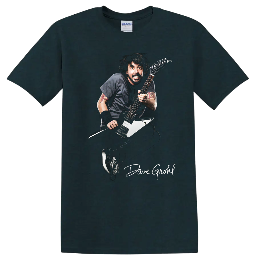 Dave Grohl Foo Fighters electric guitar rock performance graphic on a Midnight (Green) T Shirt