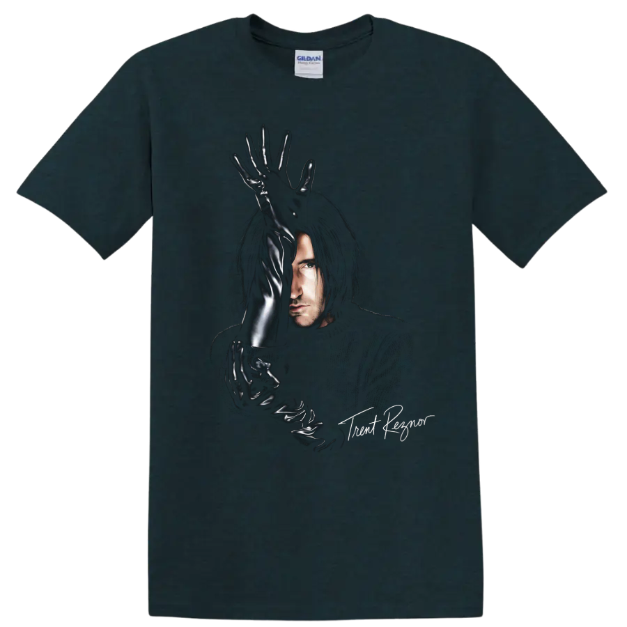 Trent Reznor portrait with glossy black gloves in an industrial rock graphic on a Midnight (Green) T Shirt