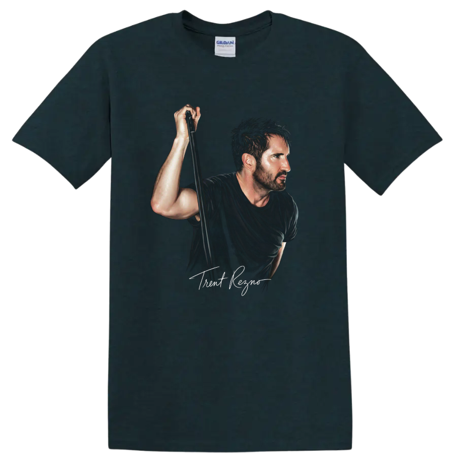 Trent Reznor Nine Inch Nails industrial rock portrait graphic print on a Midnight (Green) T Shirt