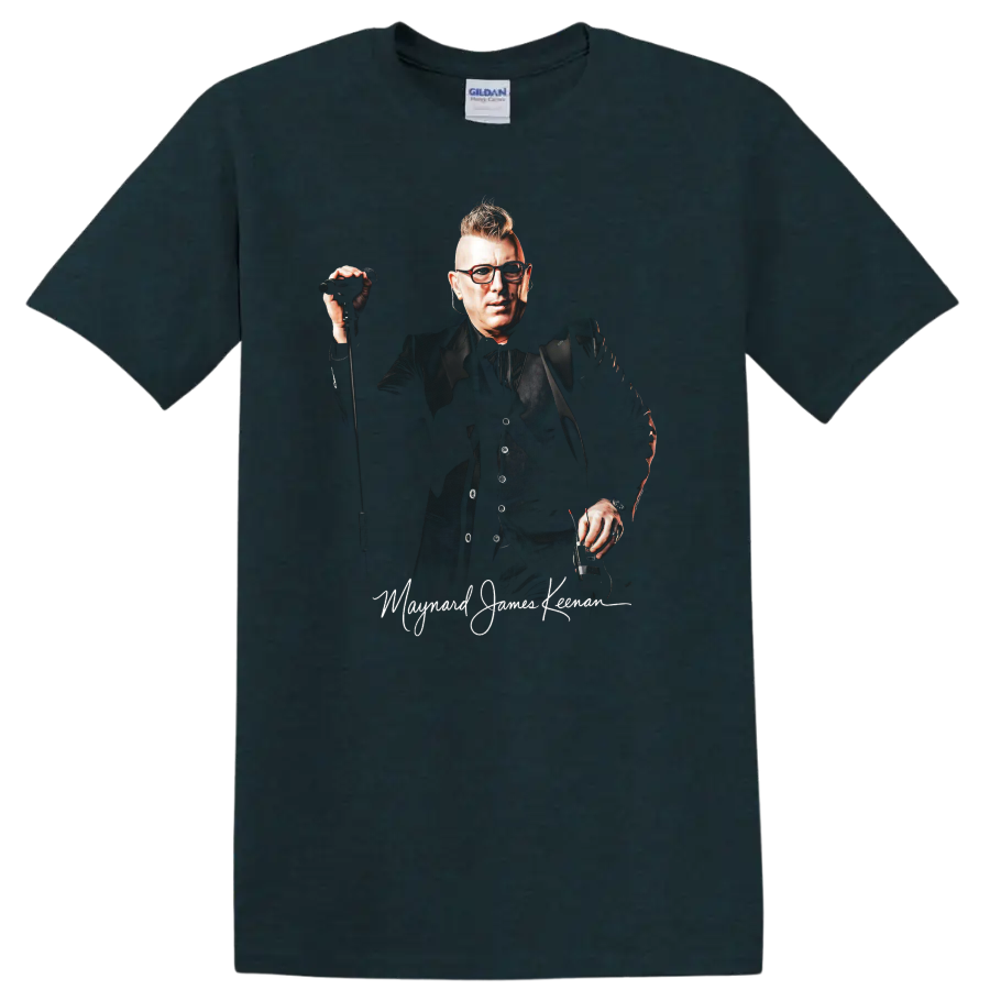 Maynard James Keenan rock portrait with microphone and distressed lettering on a Midnight (Green) T Shirt