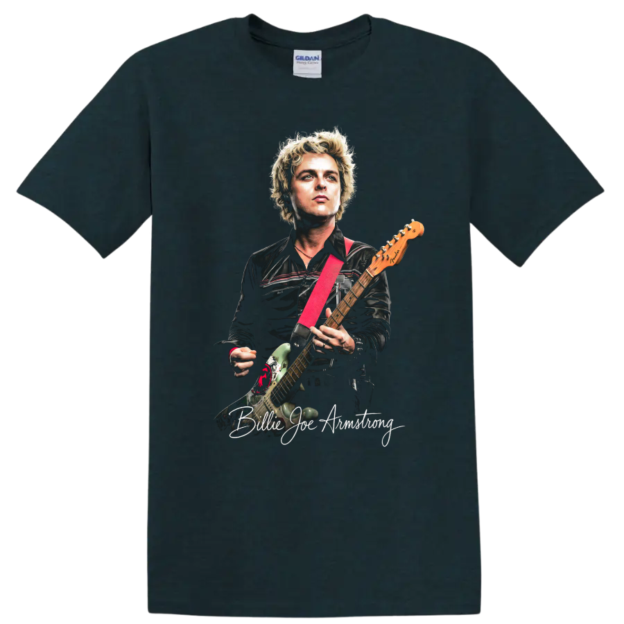 Billie Joe Armstrong Green Day guitar portrait graphic print on a Midnight (Green) T Shirt