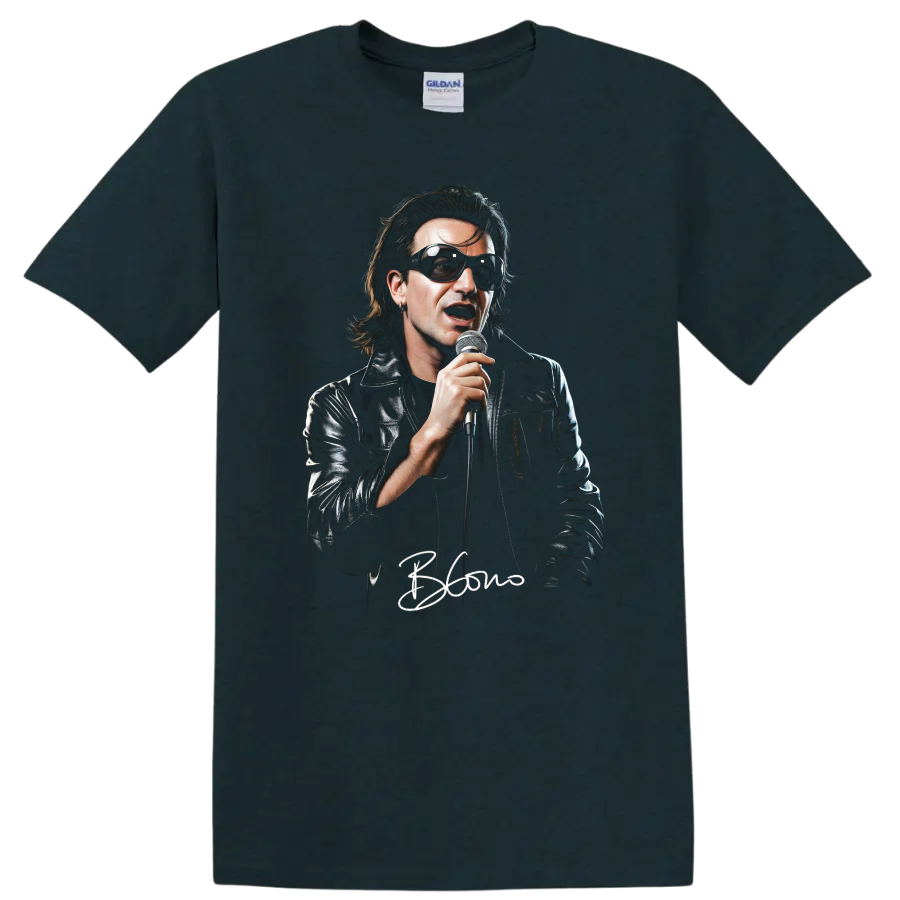 Bono U2 portrait graphic print with microphone, sunglasses, and leather jacket on a Midnight (Green) T Shirt
