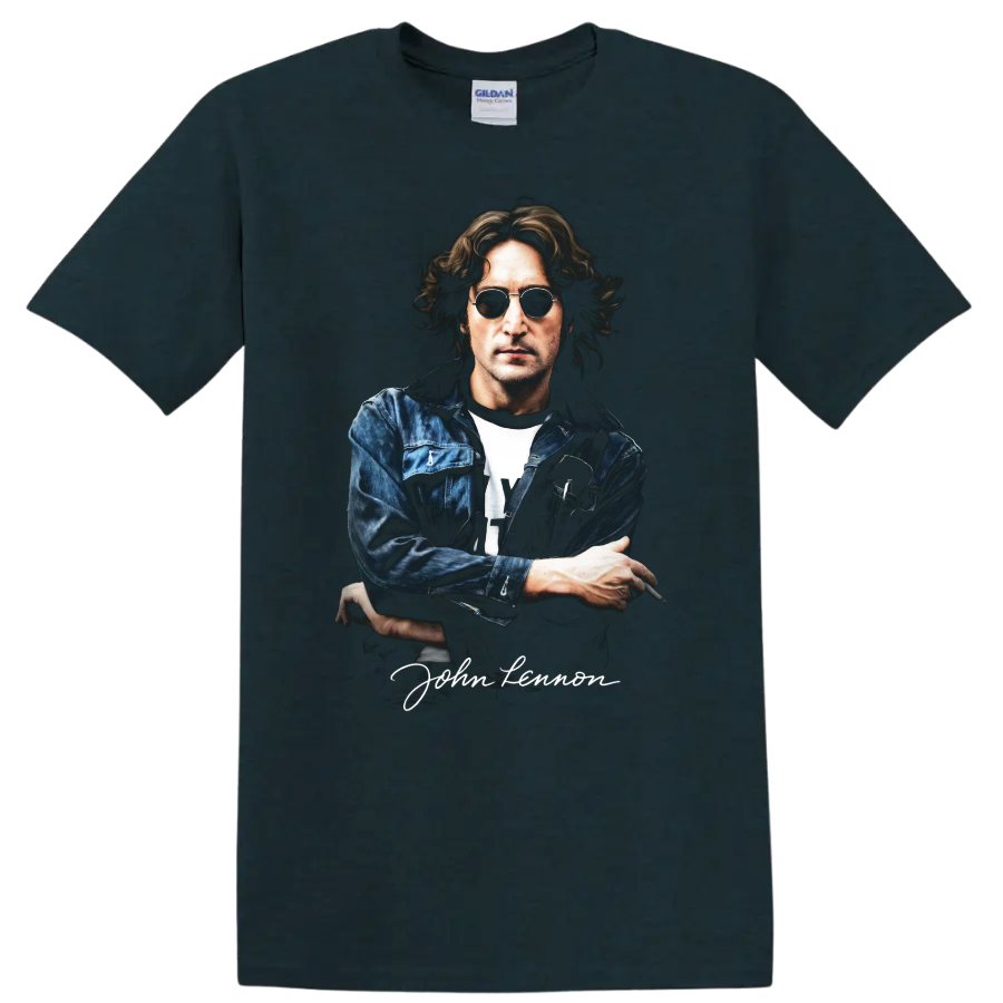 John Lennon portrait graphic with sunglasses and denim jacket on a Midnight (Green) T Shirt