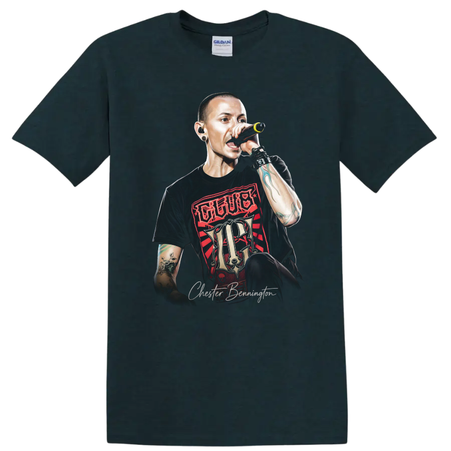 Chester Bennington performing with microphone in bold red and black rock art on a Midnight (Green) T Shirt