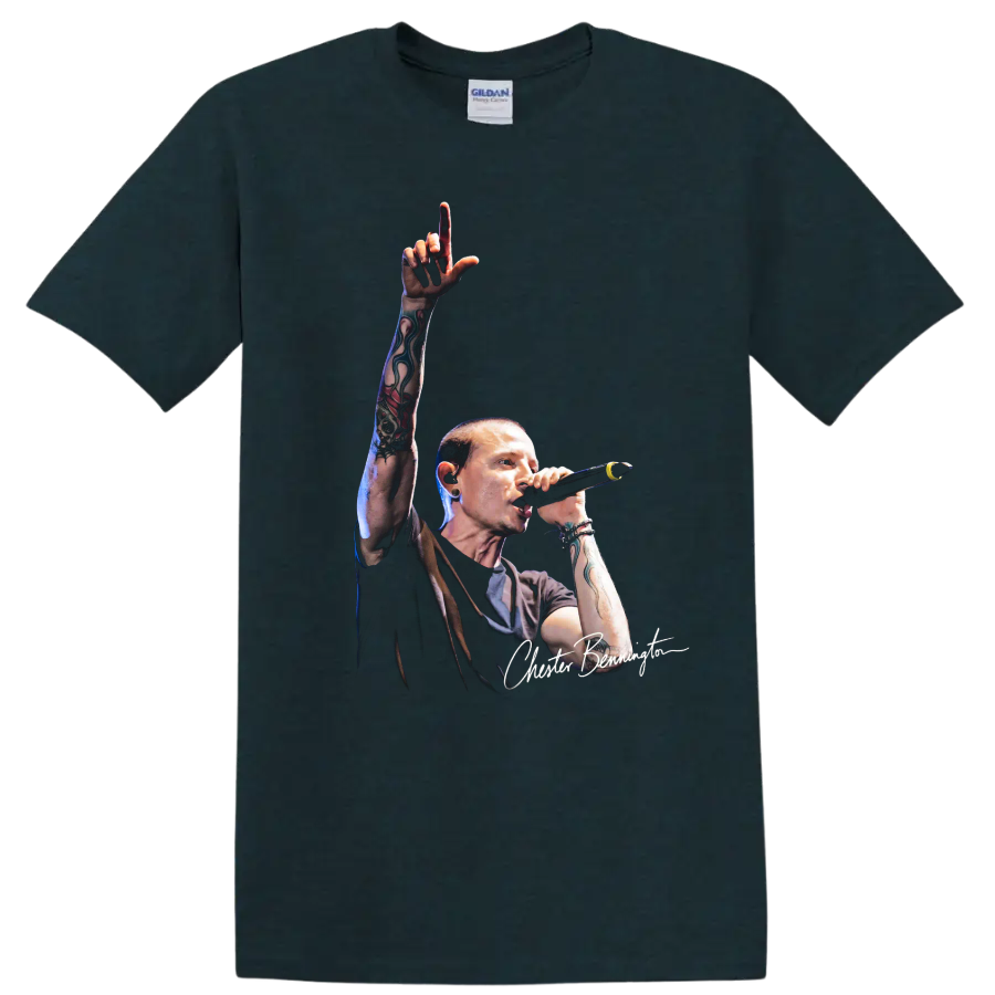 Chester Bennington Linkin Park live performance graphic portrait on a Midnight (Green) T Shirt