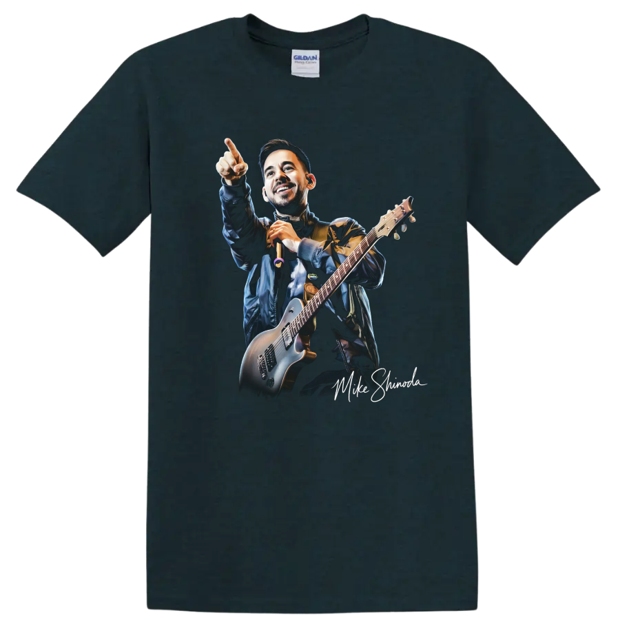 Mike Shinoda playing guitar and pointing in a dynamic concert portrait on a Midnight (Green) T Shirt