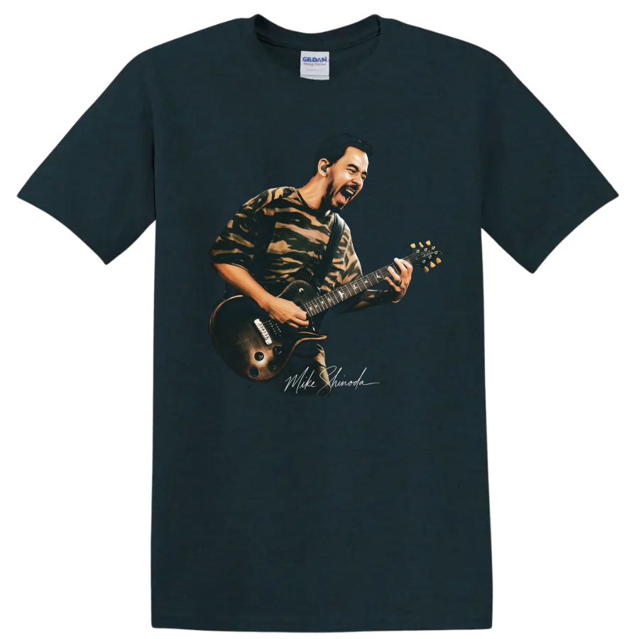 Mike Shinoda playing guitar rock music graphic on a Midnight (Green) T Shirt